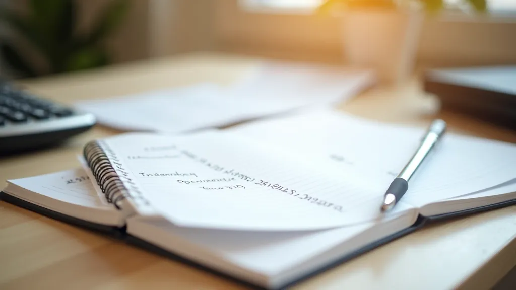 Notebook s finančními poznámkami na dřevěném stole vedle kalkulačky a tužky
