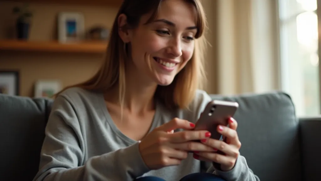 Žena usmívající se při pohledu na bankovní aplikaci v telefonu v domácím prostředí